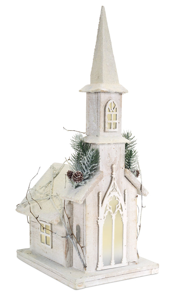 LED Lighted Wooden Church with Frosted Pine Accents 20